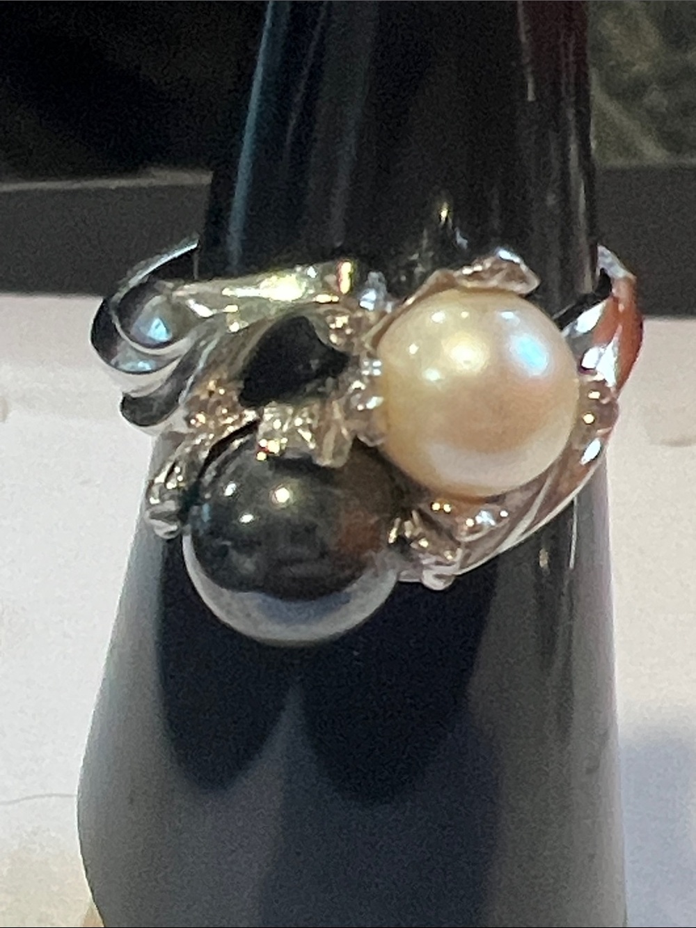 Charles Garnier Paris Sterling Silver Black & White Pearl Moi et Toi Ring